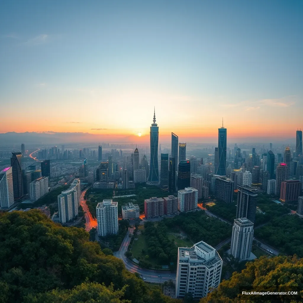 (overlooking Shenzhen:1.5) panoramic skyline view, (modern skyscrapers:1.4) glistening under the evening sun, vibrant city lights beginning to twinkle, lush parks interspersed among buildings, (clear sky:1.2) with soft clouds, (high detail:1.3), (cinematic:1.1), inspired by urban landscape photography. - Image