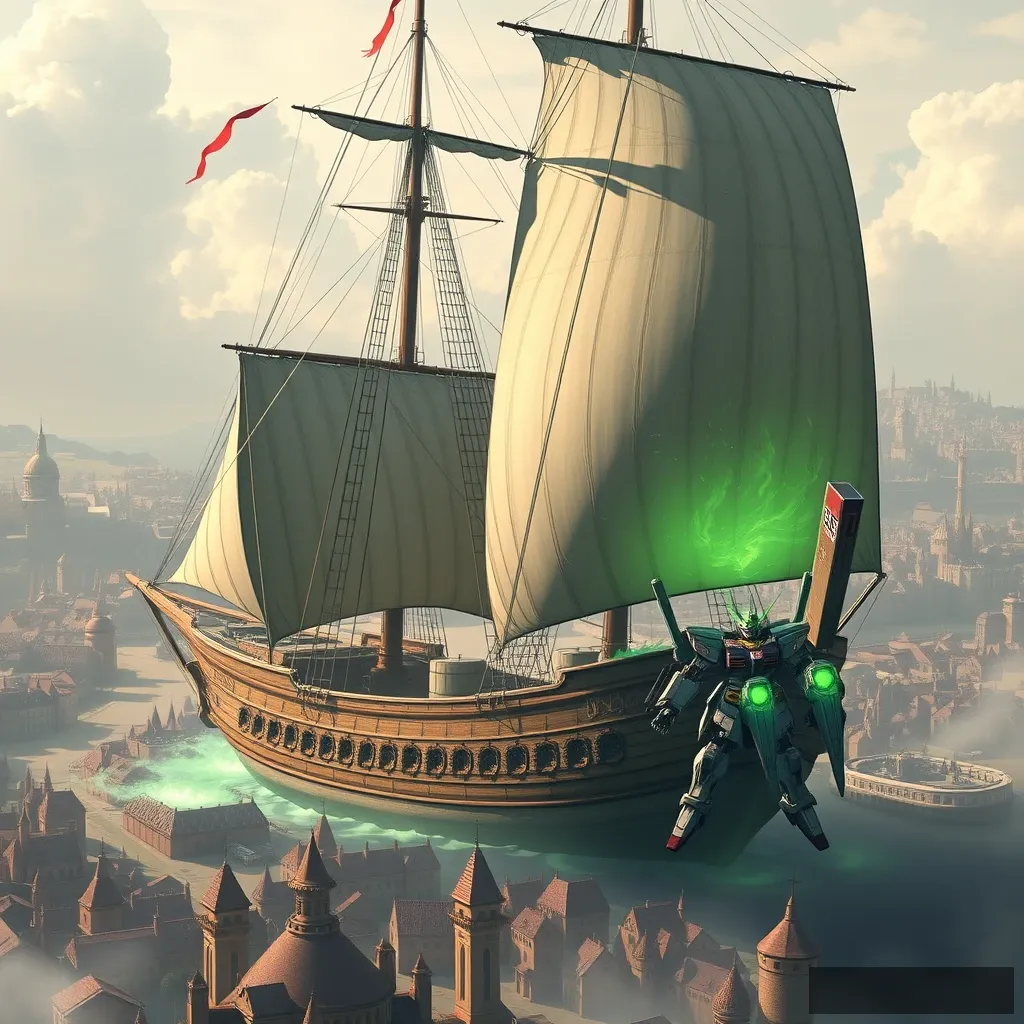 The huge three-mast sailing boat sailed over medieval cities, the hull burning green flames, and there is also a Gundam next to it. - Image