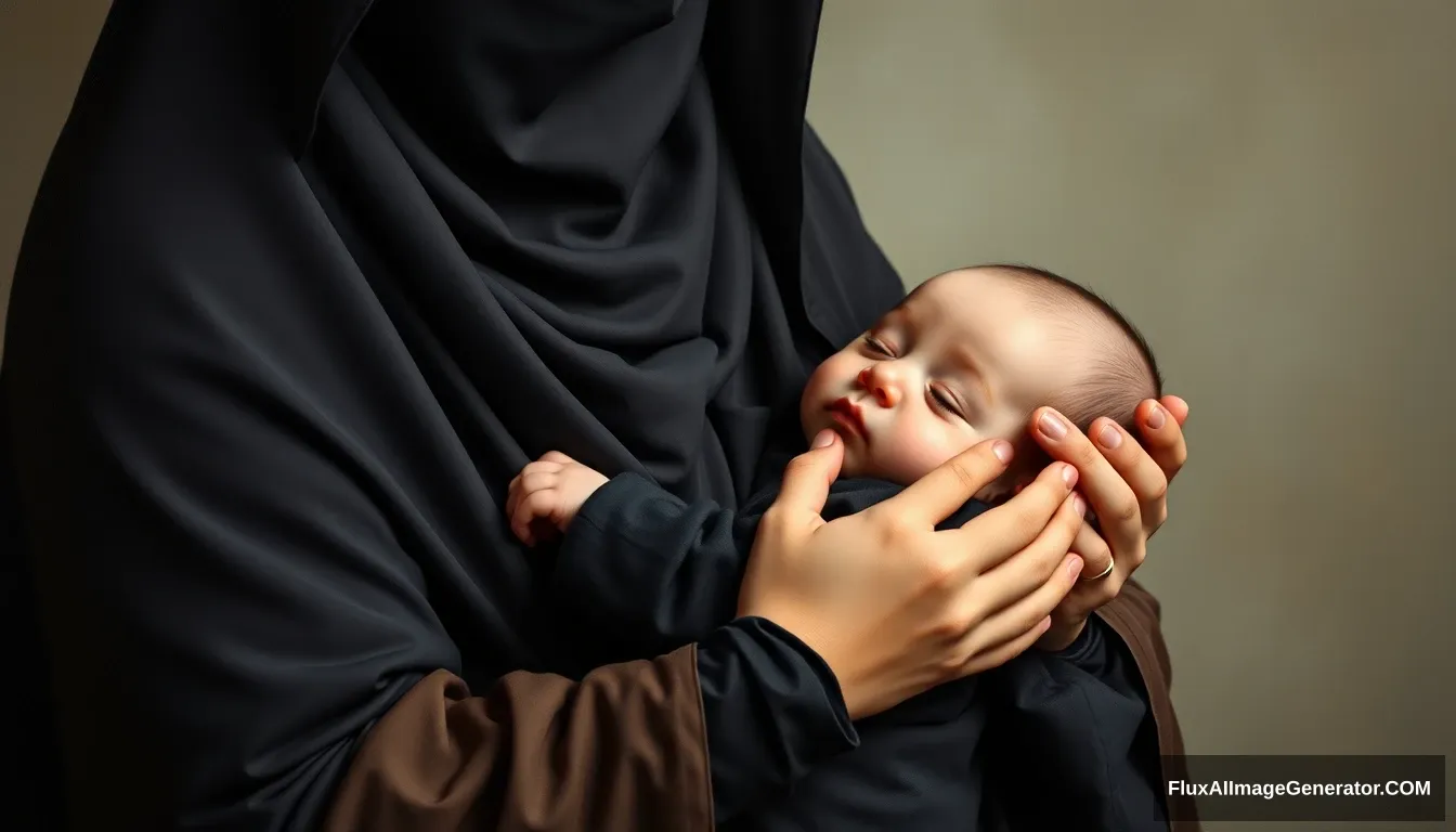 A pious woman is holding a baby boy, her palms covered in black cloth, wearing a long niqab, her neck covered by a perfect hijab, full body, oil painting.