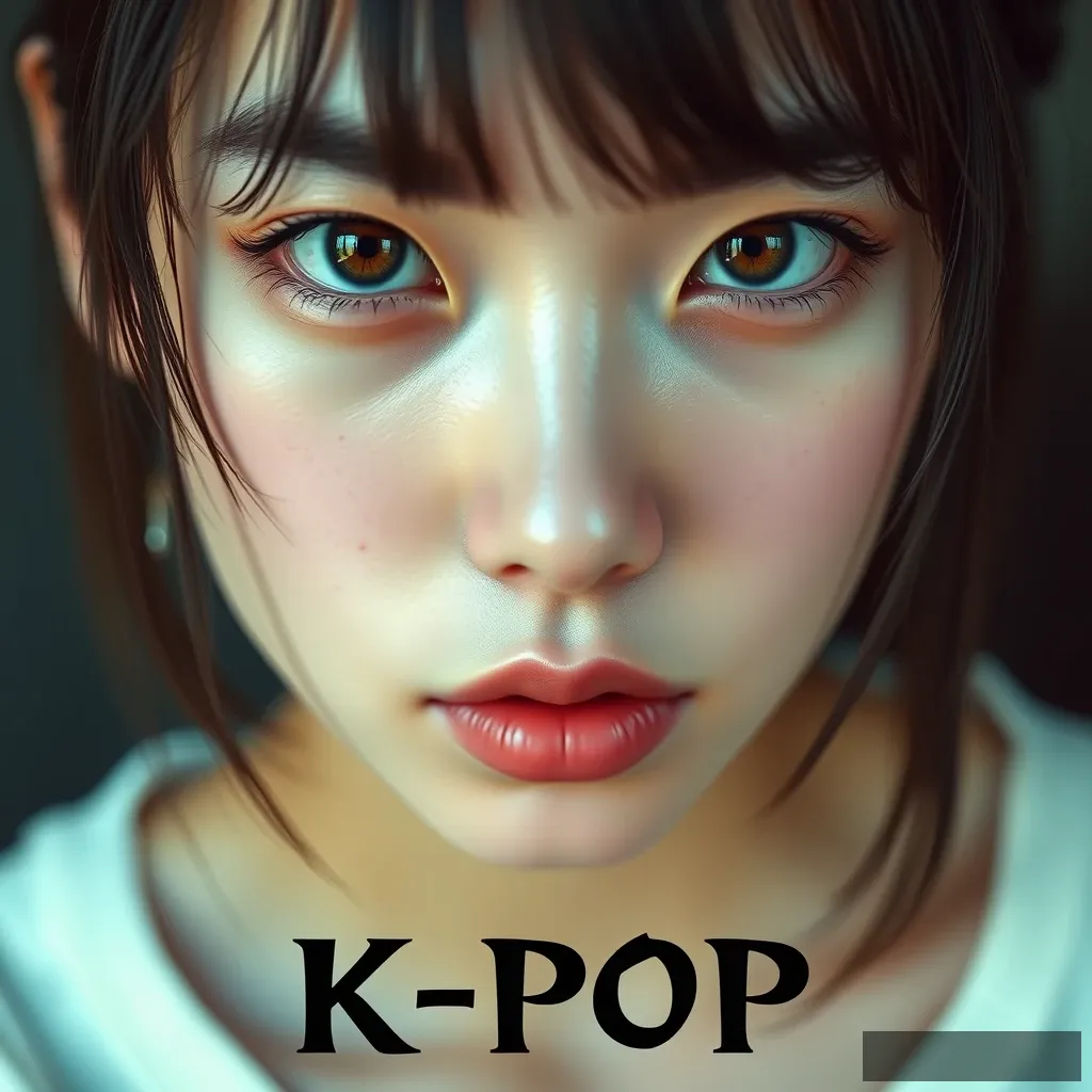 A photo of a K-pop girl with realistic skin with pores, gothic black font "K-POP" at the center bottom of the photo.