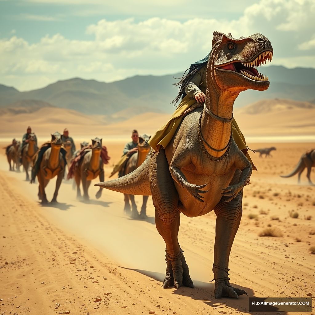 Ancient Mongolian caravan of Velociraptors walking through the Mongolian Gobi Desert, ahead of the caravan is a beautiful young Mongol queen woman riding a giant Dinosaur T-rex, location Mongolia, realistic photo, 4K.