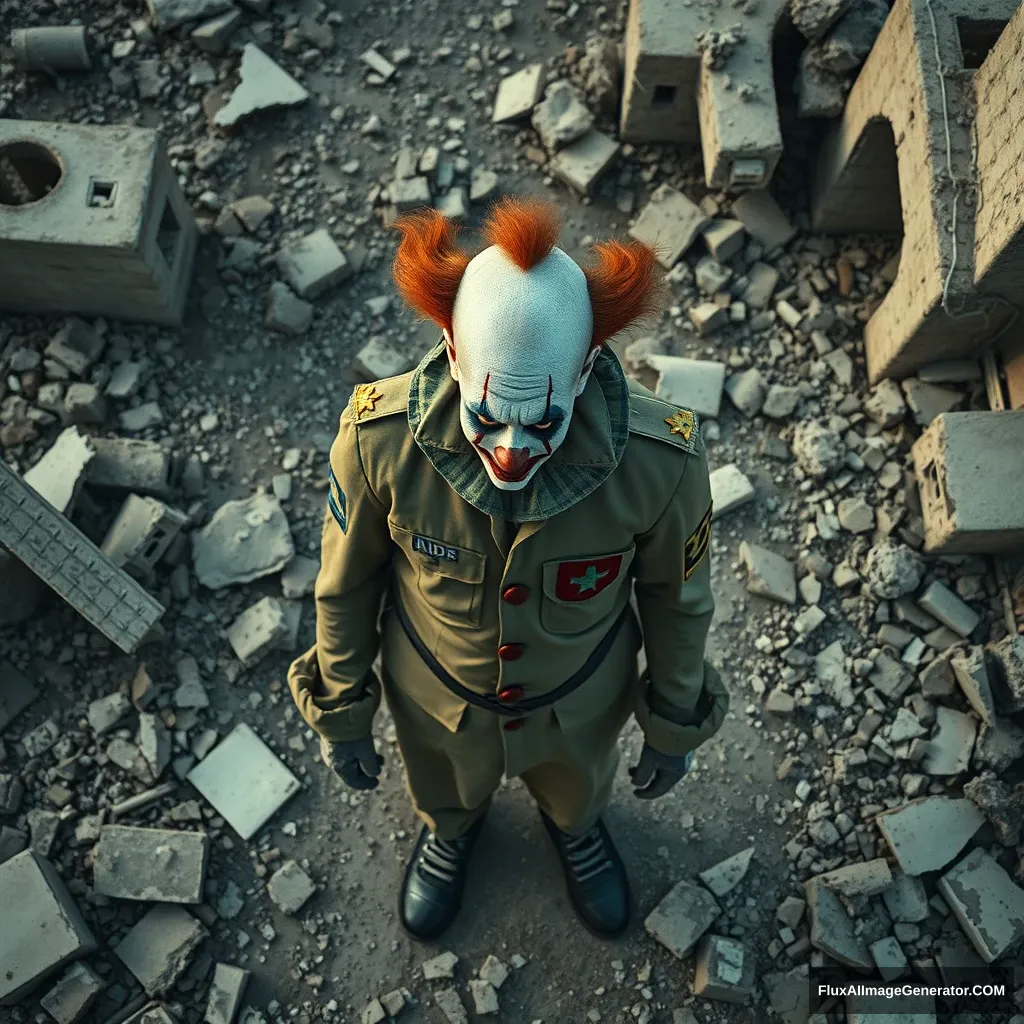 A very tragic desperate clown in an IDF uniform standing in the middle of ruins. Bird's-eye perspective from some distance. Hyperreal.