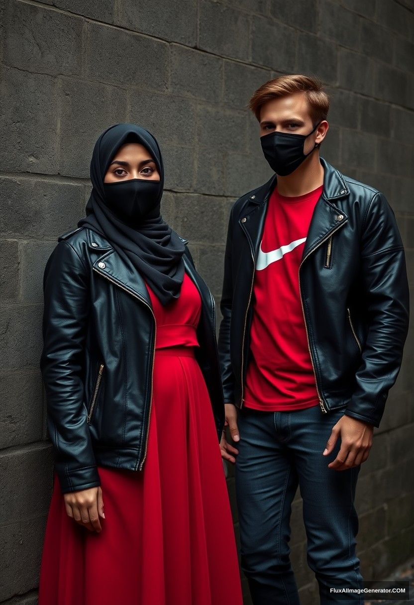 A biggest black hijab girl with beautiful eyes, wearing a black face mask, black leather jacket, and the largest red longest dress, who is not tall,

Jamie Dornan, handsome, wearing a black face mask, fit and tough body, Nike red t-shirt, black leather jacket, and jeans, a tall man,

standing near a wall together,
Hyper realistic, photorealistic, street photography, Victoria's abandoned castle, gloomy, darkness. - Image