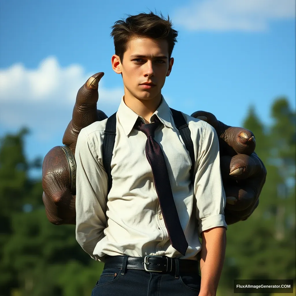 Handsome skinny young man in a formal shirt and tie grabbed by a giant creature. Photo.