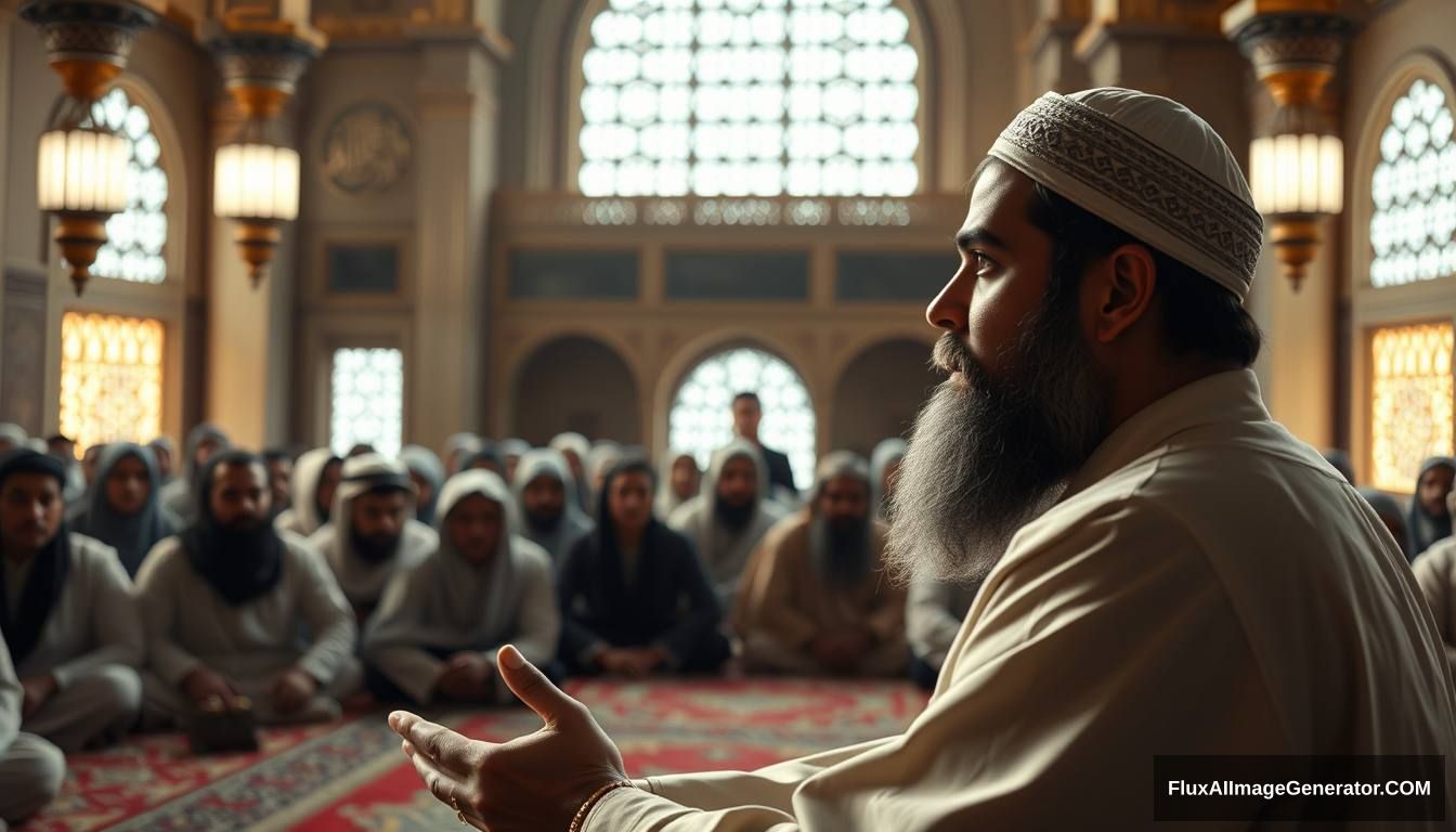 Prophet Muhammad (peace be upon him) addressing his companions in a mosque, explaining the signs of the Dajjal. The scene is filled with calm yet serious expressions, emphasizing the importance of the message. Ultra HD, realistic, respectful, with soft and cinematic lighting.