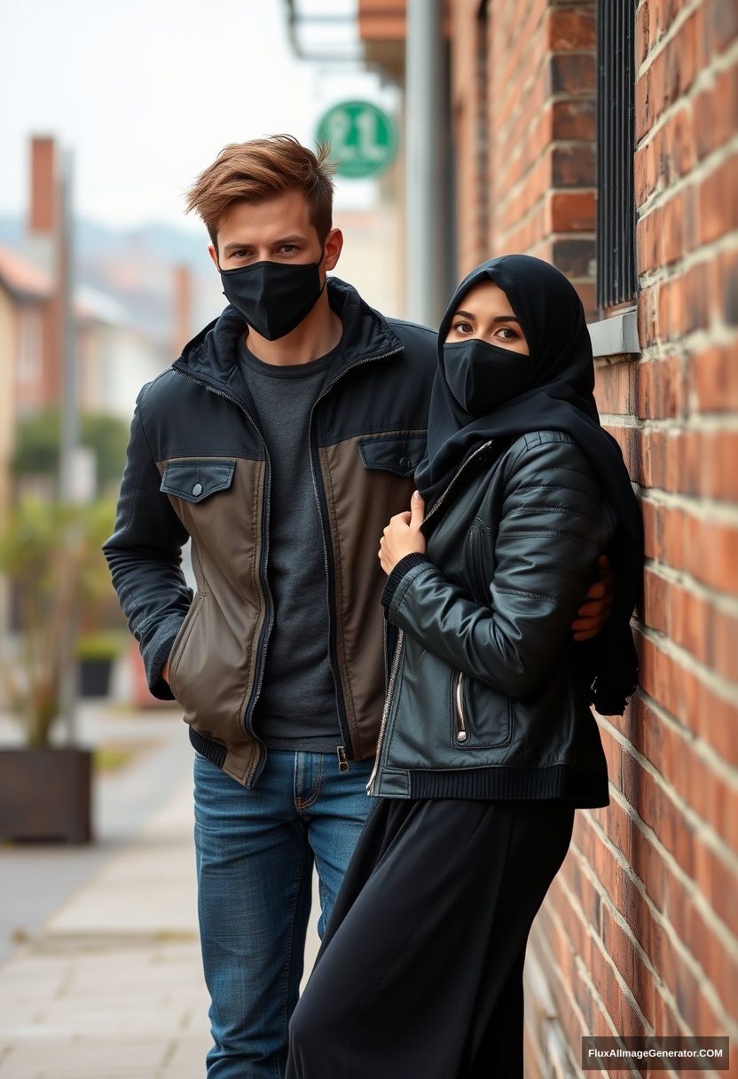 Jamie Dornan, handsome, young, black face mask, collage jacket, jeans, dating a beautiful Muslim girl in a big black hijab, with beautiful eyes, black face mask, black leather jacket, wearing a big skirt, standing and lying against a brick wall, town, morning scenery, photorealistic, street photography.