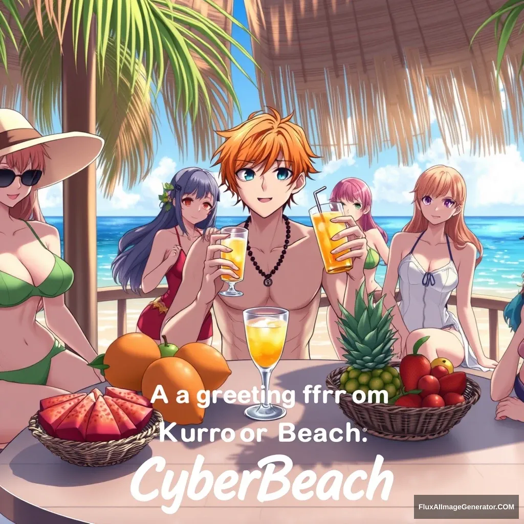 Imagine the character "Kurosachi Ichigo" in the photo from this link: https://i.pinimg.com/originals/11/4e/13/114e13044642cb235c089b9d6551049d.jpg, who is on vacation at the beach surrounded by beautiful anime girls in swimsuits, while sipping a cocktail. The character has orange hair. On the table, there are exotic fruits. Below, include the text "A greeting from Kuro of CyberBeach." With the word "CyberBeach" in a Cuban style. Detail 8k, hyper-realistic.