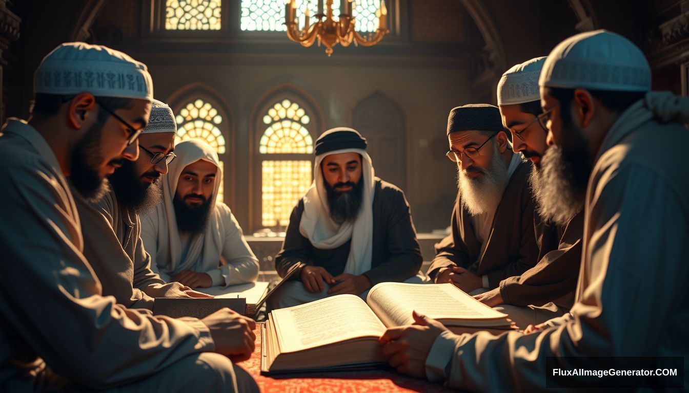 A group of Muslims earnestly studying and discussing the teachings of Prophet Muhammad SAW, set in a tranquil and scholarly environment. Ultra HD, realistic, educational, with warm and cinematic lighting. - Image