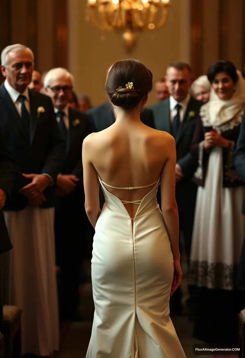 A short young woman, sensitive and delicate, wearing a backless, strapless, side-less, low-waisted contouring wedding dress with an open rear that seems like it was intentionally left undone. Submitting before the council of fathers. Expectations. Perfect posture. Pale skin.