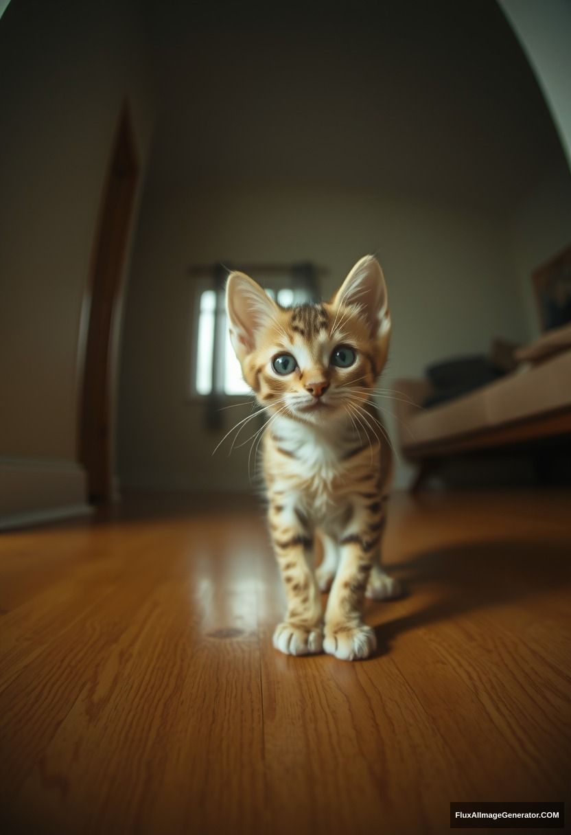 A kitten, on the floor, looking towards the camera, panoramic view, light tracing, global lighting effects, 2k.