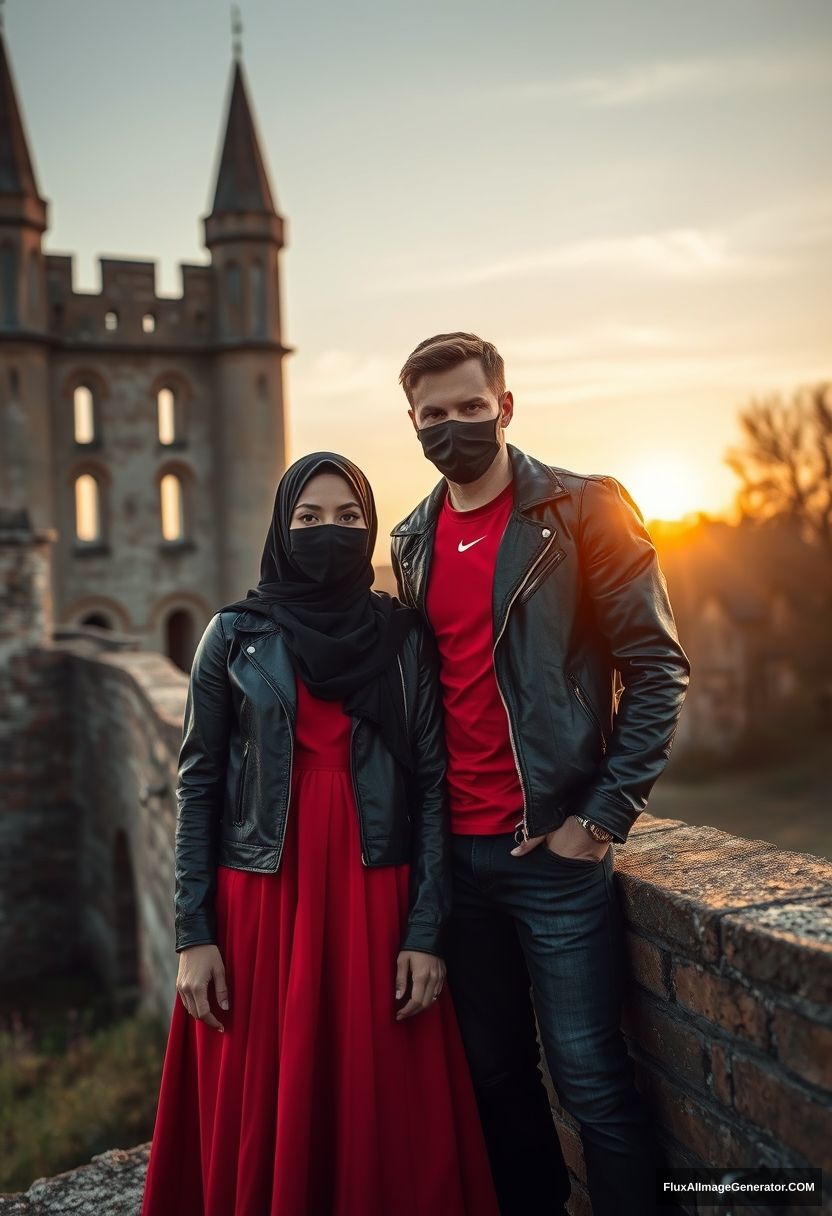 A biggest black hijab girl, beautiful eyes, face mask black, black leather jacket, biggest red longest dress, untall,

Jamie Dornan, handsome, face mask black, fit and tough body, Nike red t-shirt, black leather jacket, jeans, tall man, standing at wall together

Hyper realistic, photorealistic, studio photography, Victoria's abandoned castle, sunrise. - Image