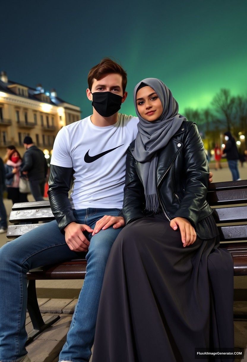 Jamie Dornan, tall and young, wearing a black face mask, a white Nike t-shirt, and jeans, is dating a beautiful Muslim girl in a grey hijab with striking eyes. She is also wearing a black face mask and a leather jacket, paired with a very long and large skirt, though she is not tall. They are sitting romantically together on a park bench, leaning against each other in a town setting, with strangers in the background. The scene is photorealistic, resembling selfie photos captured at night, under the aurora borealis. - Image