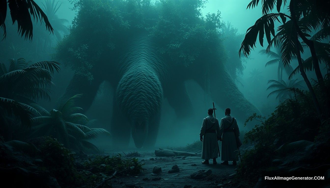 An eerie, desolate island with dense foliage. Tamim and his companions encountering Al-Jassasah, a mysterious, large, furry creature with indistinguishable front and back, amidst the jungle. Ultra HD, realistic, fantasy-like, with atmospheric and cinematic lighting. - Image