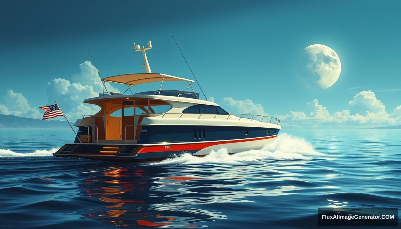 A cabin cruiser concept from the 1950s, as painted by Syd Mead, ocean setting, 4k. - Image