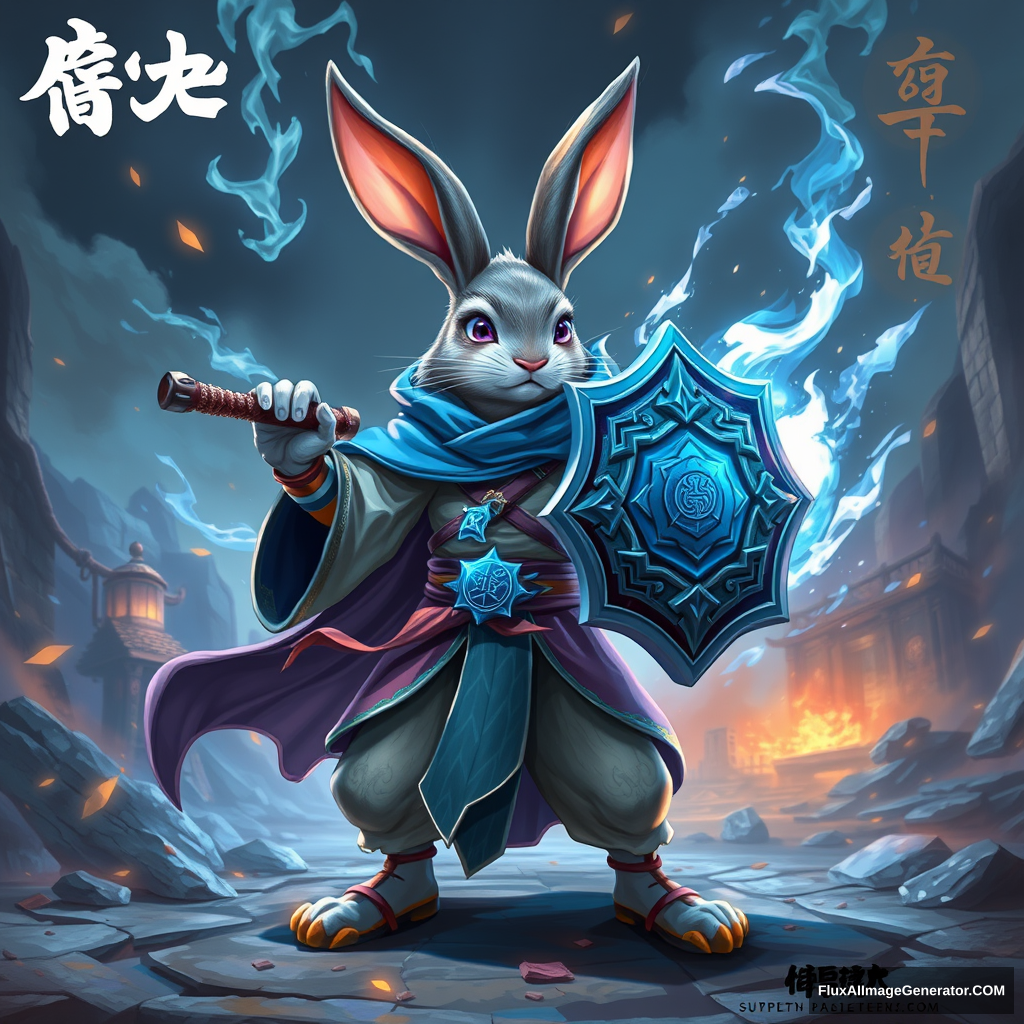 A heroic rabbit dressed in a flowing cloak, wielding a weapon and shield, standing in a defensive stance. The rabbit is surrounded by magical particle effects, with an enchanting aura and glowing runes emanating from its body, shield, and weapon. The style is a mix of traditional wuxia and fantasy, with vibrant and dynamic colors. The rabbit stands firm, prepared to block any attack, while sparks of magic dance around. The background is a mystical battlefield with ancient ruins and glowing magical symbols. - Image