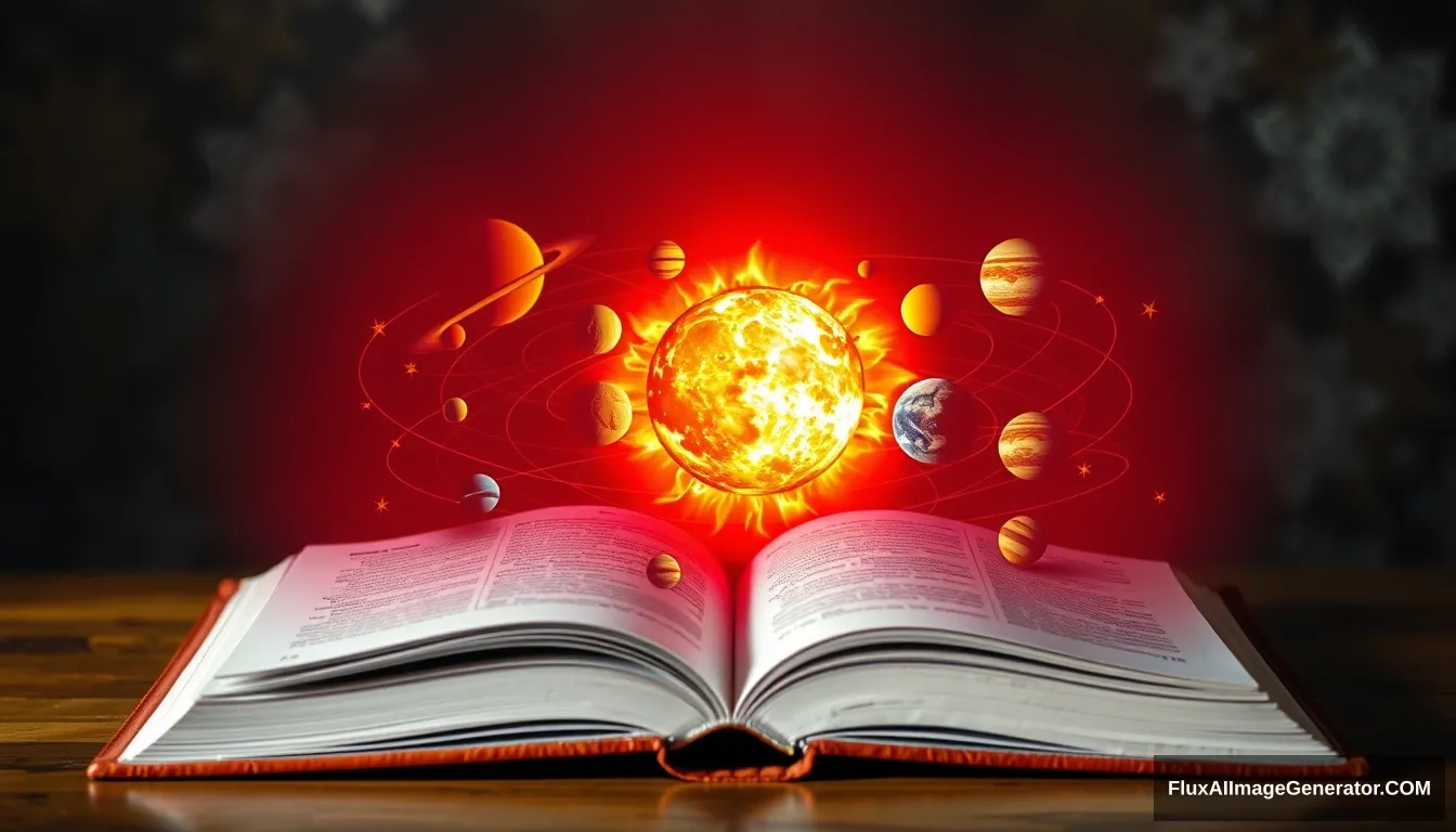 an opened book with holographic projection on it, showing the sun and 8 planets