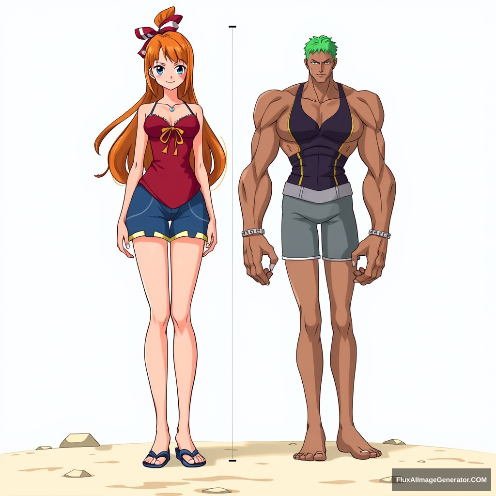 Giantess Nami from One Piece comparing her height, gigantic, huge, tall girl, height difference.