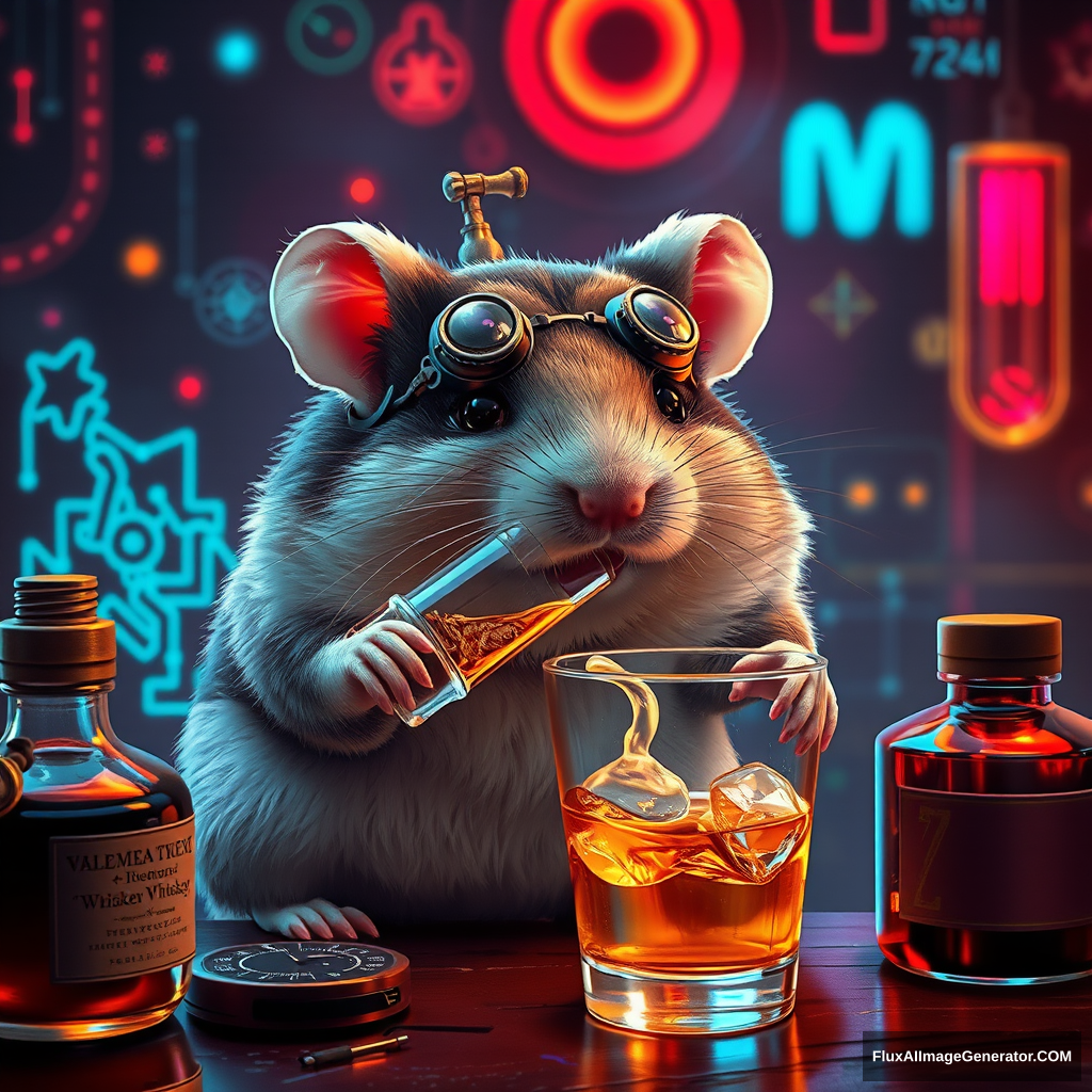 A steampunk hamster drinking whisky. It is surrounded by cyberpunk holograms. Dreamy atmosphere.