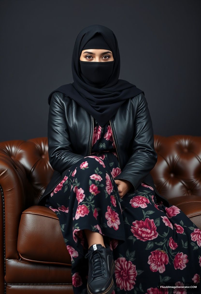 A biggest black hijab girl, burqa, beautiful eyes, black leather jacket, biggest floral long dress, black leather sneaker, sitting on leather single sofa, hyper realistic, studio photography.