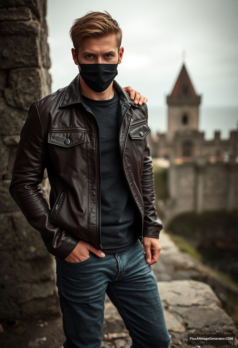 Jamie Dornan's head and body shot, handsome, youngest, black face mask, black leather jacket, jeans, dating, love with the biggest black hijab Muslim girl, not tall, beautiful eyes, face mask, maroon leather jacket, biggest black skirt, leaning on his shoulder, hyper-realistic, studio photography, full body photo, explore at abandoned castle, at sea, gloomy scenery. - Image