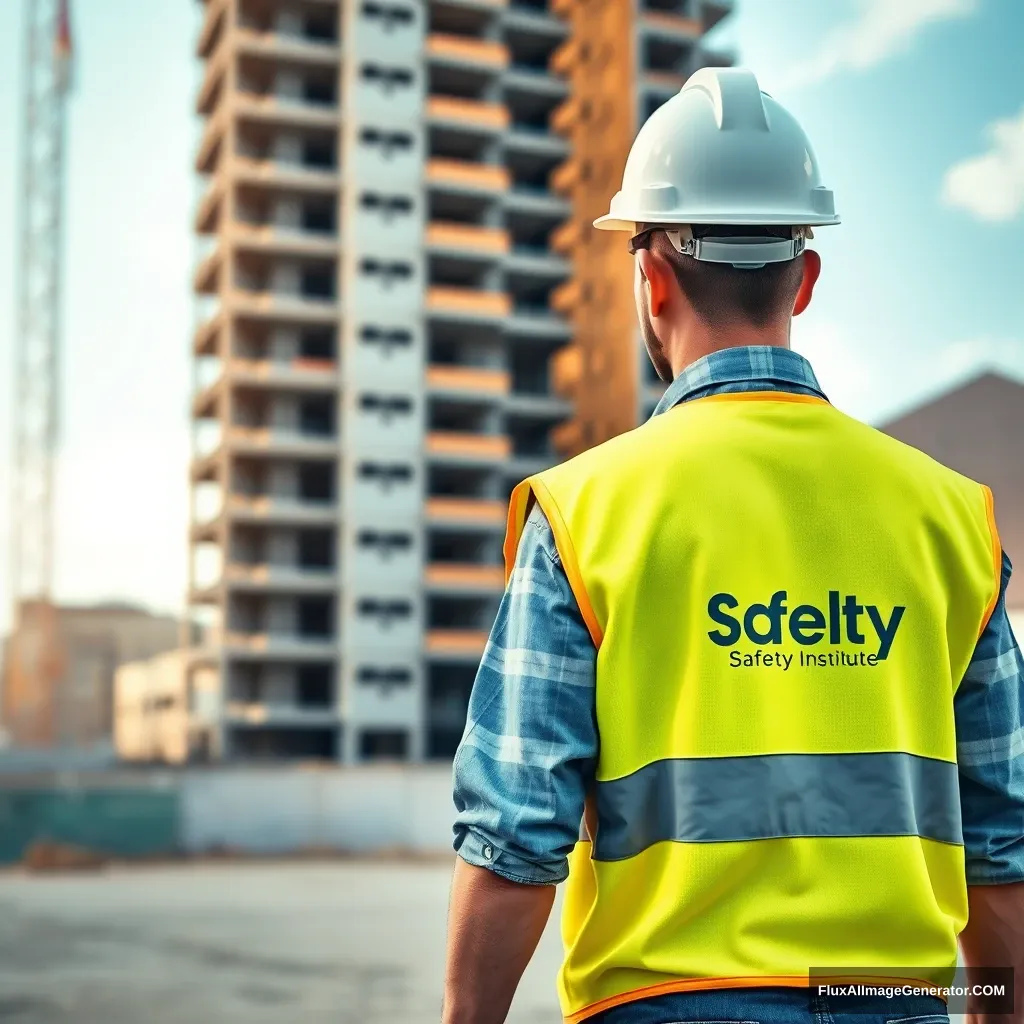 A photorealistic image of a construction worker walking toward a construction site. There is a high rise building under construction in the background. The construction worker is facing toward the camera. The construction worker is about 10 feet away from the camera. He is wearing a yellow vest that has “Utah Safety Institute” in white letters on the left chest. He is also wearing a white safety hat. - Image