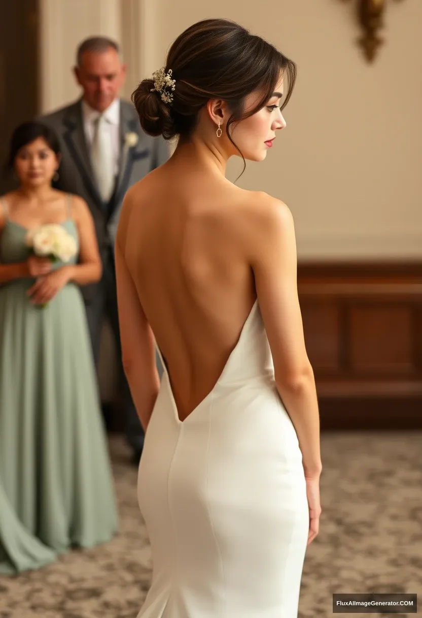 A short young woman, sensitive, delicate, wearing an off-shoulder, backless, strapless, side-less, low-waisted contouring wedding dress with an open back that seems like it's spilling to the sides, standing in front of elder patriarchy, expectations, and perfect posture.