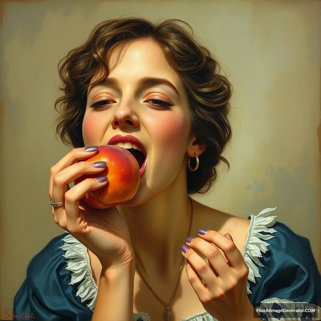 A painting of a woman greatly enjoying a peach. - Image