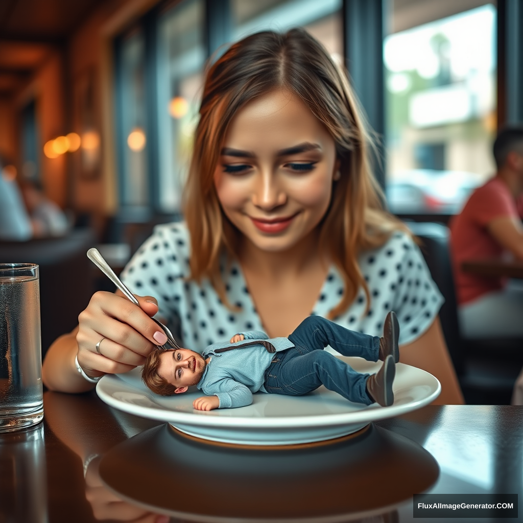 A young woman is eating in a restaurant with a tiny adult man (5cm tall) lying on her plate. There is nothing else on the plate. The tiny man looks realistic.