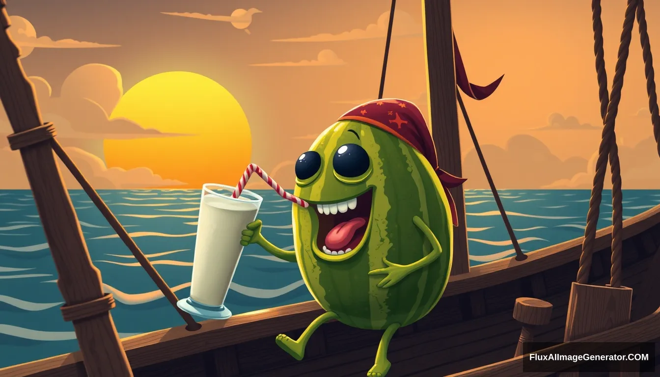 a melon drinking a milkshake with a straw on a pirate ship with a big sun in the background - Image