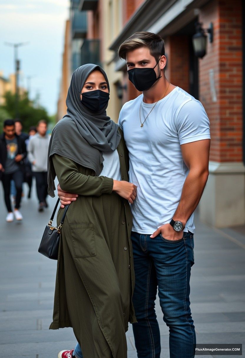 Jamie Dornan, handsome, young, tough body, black face mask, white T-shirt, jeans, red sneakers, dating romantically with a Hijab-wearing Muslim girl in army green, beautiful eyes, black face mask, jeans jacket, longest skirt, not tall girl, photorealistic, street photography, full photography, selfie photos.