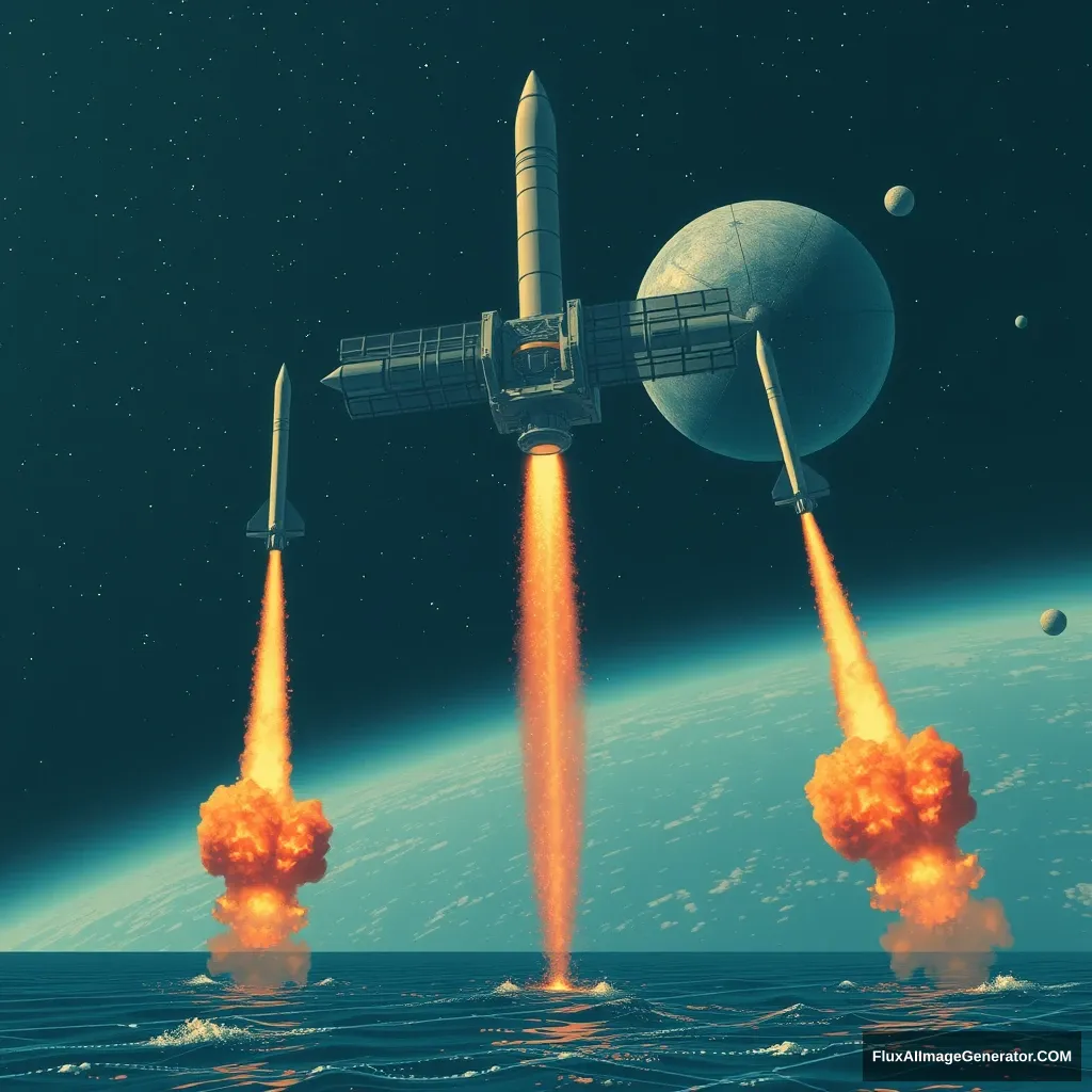 Missiles are launched from the sea to attack satellites in space.