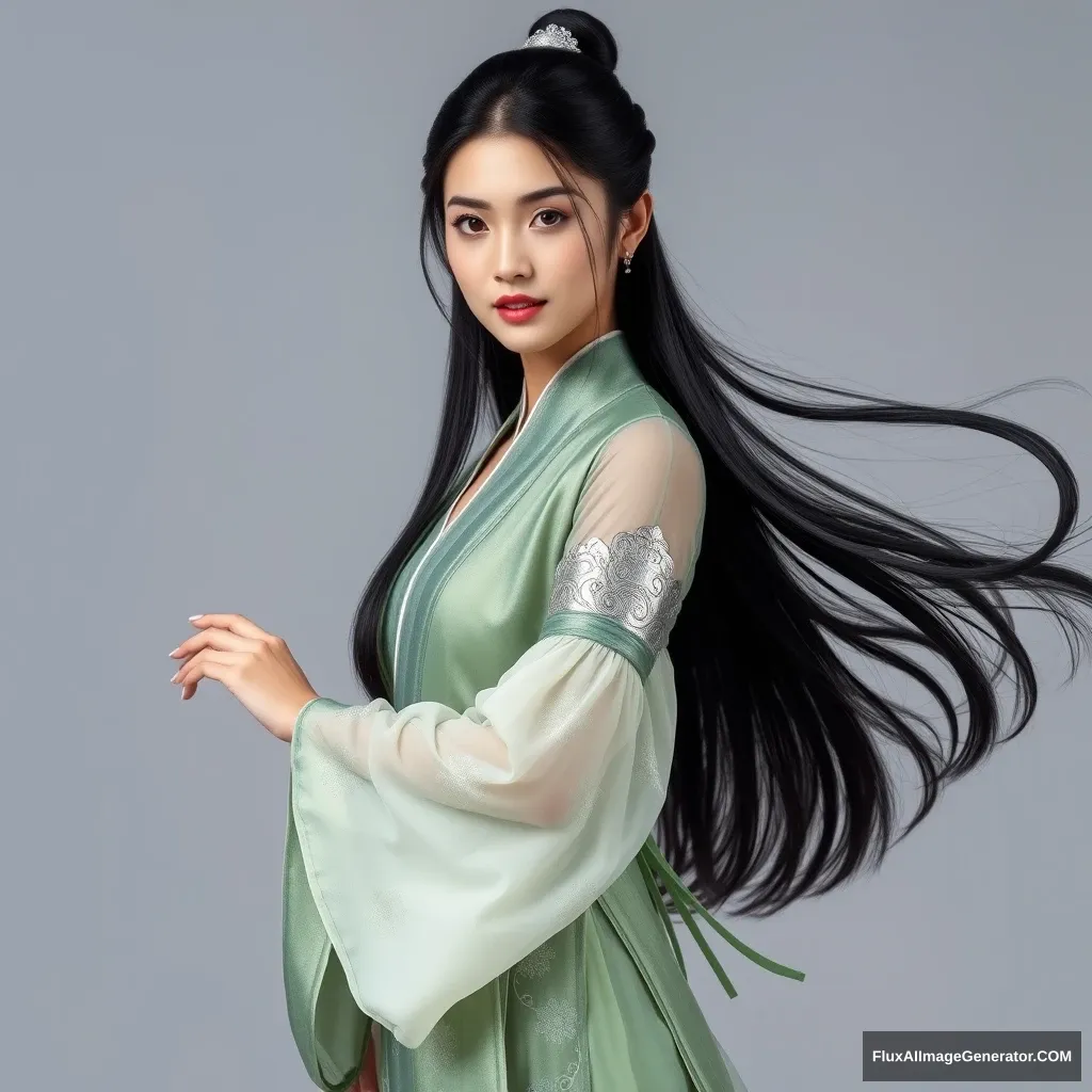 A beautiful ancient-style woman, Asian features, with fair skin, mature and charming, long black hair, simple silver headpiece, wearing a fitted simple sheer garment, a grass green and silver white traditional outfit with silver floral patterns, the sleeves are tight with arm guards, the clothing has delicate decorations, antique and elegant, floating and agile, full of charm, long hair in traditional style, tall and slender legs, tall figure, exuding the temperament of an ancient female martial artist, wearing greenish blue thin-strapped high heels. - Image