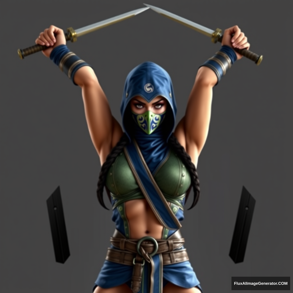 Kitana from Mortal Kombat as a real life human female, arms crossed above her head with weapons in her hands.