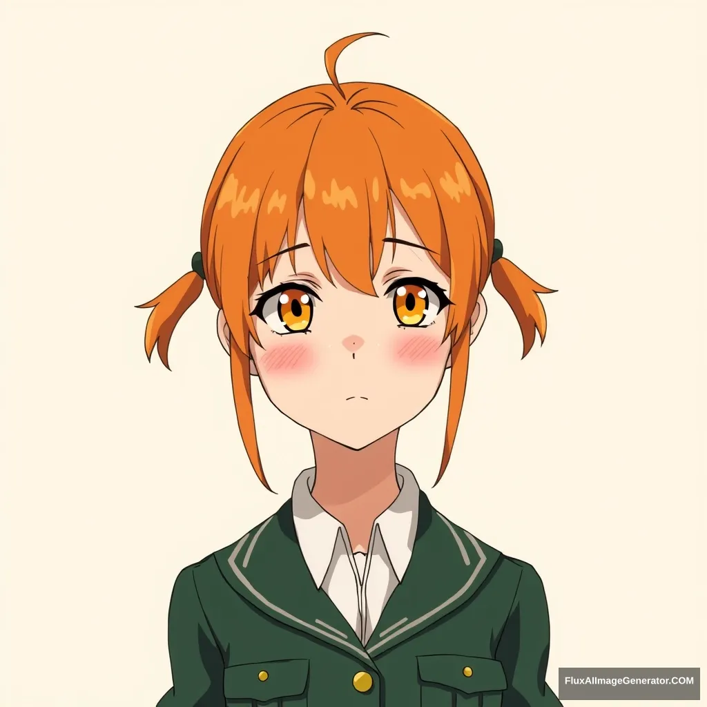 Teenage girl with orange hair in short pigtails, yellow eyes, and wearing a Soviet pioneer uniform, anime. - Image