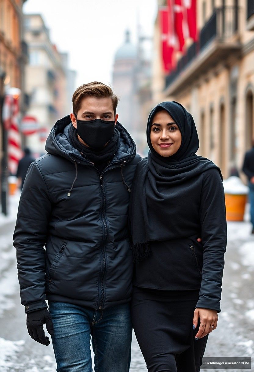 Jamie Dornan, handsome young man, wearing a black face mask, snow jacket, and jeans, dating a beautiful Muslim girl in a black hijab with beautiful eyes. They are walking together in a winter scenery in town, capturing a photorealistic street photography moment.