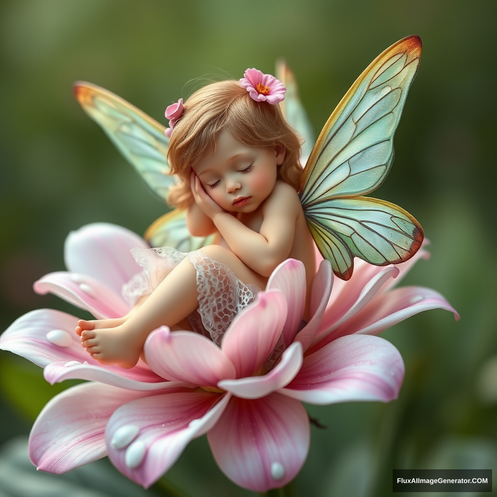 Full body, young fairy sleeping on a flower. - Image