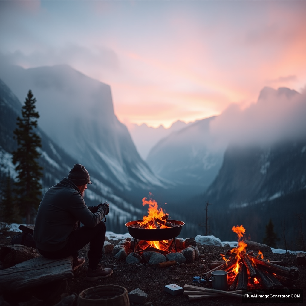 mountains, cold winter, camping, grilling on fire. - Image