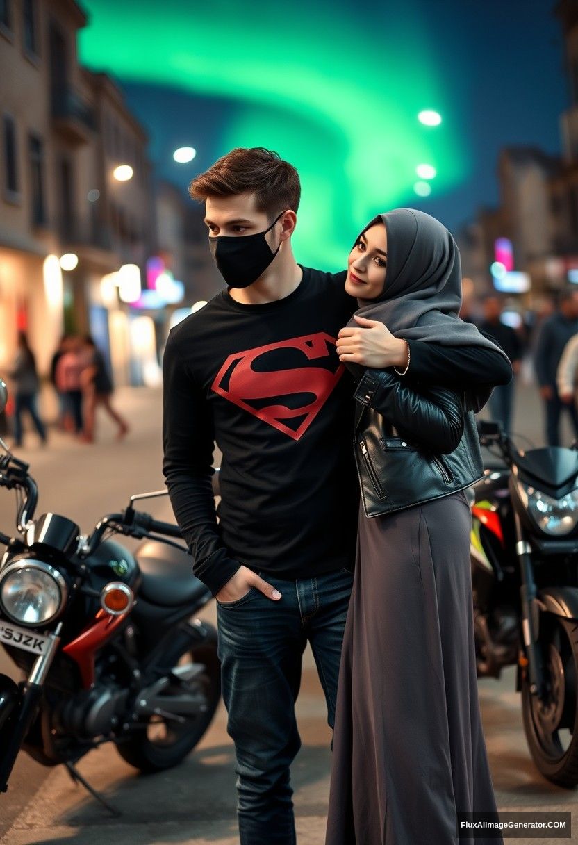 Jamie Dornan, tall, young, black face mask, black Superman long sleeve T-shirt, jeans,

dating romantically a grey hijab-wearing Muslim girl, beautiful eyes, black face mask, leather jacket, very long and large skirt, not a tall girl,

laying on his shoulder, standing near motorbikes for photography, Suzuki Panther model, in town, photorealistic, street photography, night scenery, aurora borealis. - Image