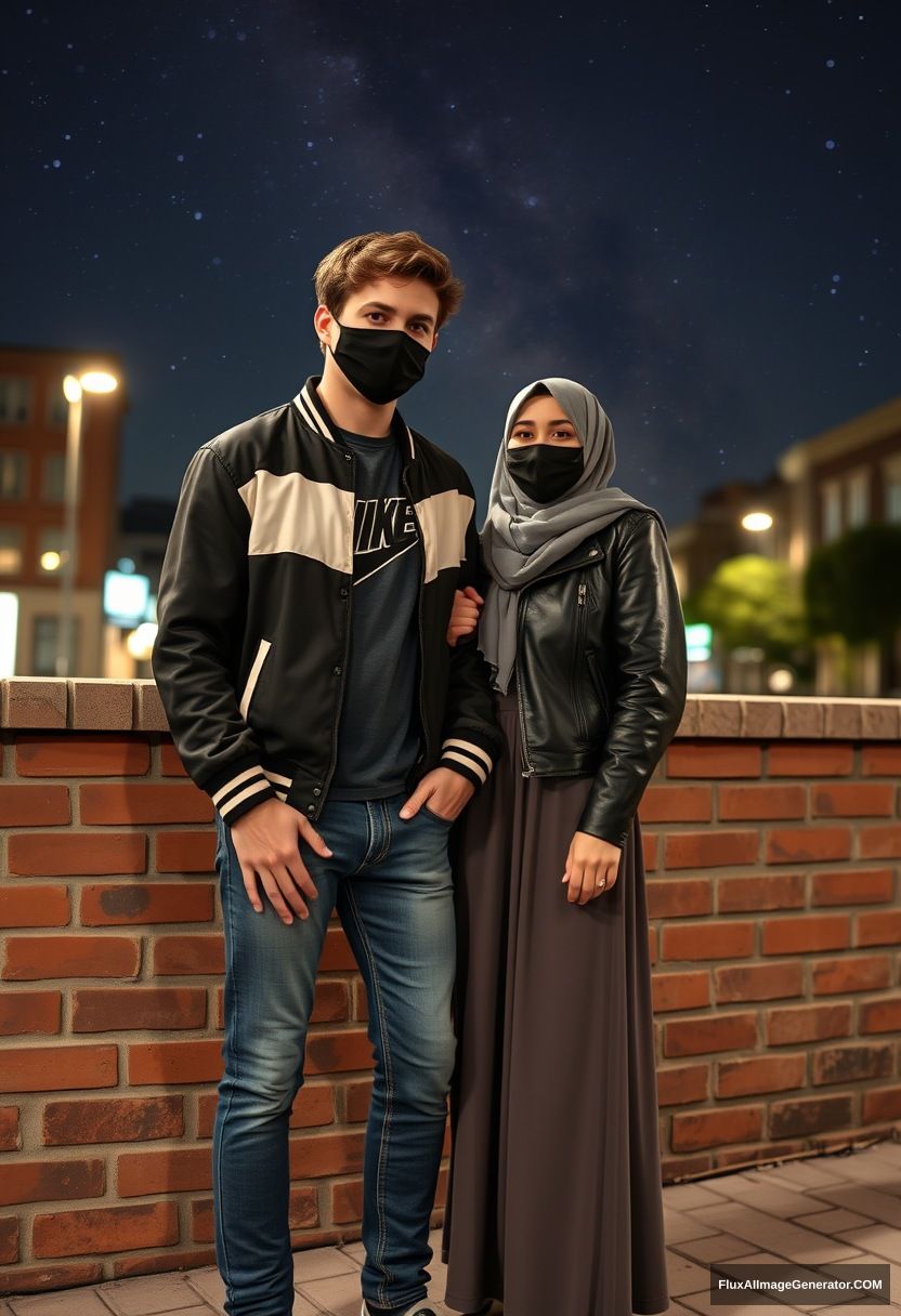 Jamie Dornan, youngest, black face mask, collage jacket, Nike t-shirt, jeans, tall man, fit body,

Dating, love with the biggest grey hijab Muslim girl, beautiful eyes, black face mask, leather jacket, biggest longest skirt, slim, not tall girl, holding his arm

standing at a brick wall, in town, night scenery, Milky Way, hyper-realistic, photorealistic, street photography.