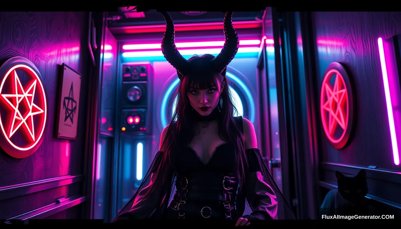 A striking portrait of a beautiful goth woman demon entering a dimly lit cyberpunk room, vibrant neon hues reflecting off metallic surfaces, with glowing pentagrams on the walls and a lurking black cat.