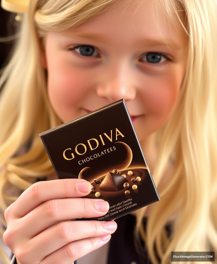 Godiva chocolate, blond girl is holding it.