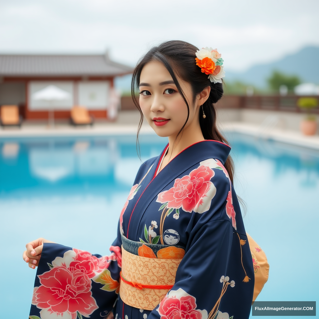 A beautiful woman in a Japanese kimono by the swimming pool. - Image