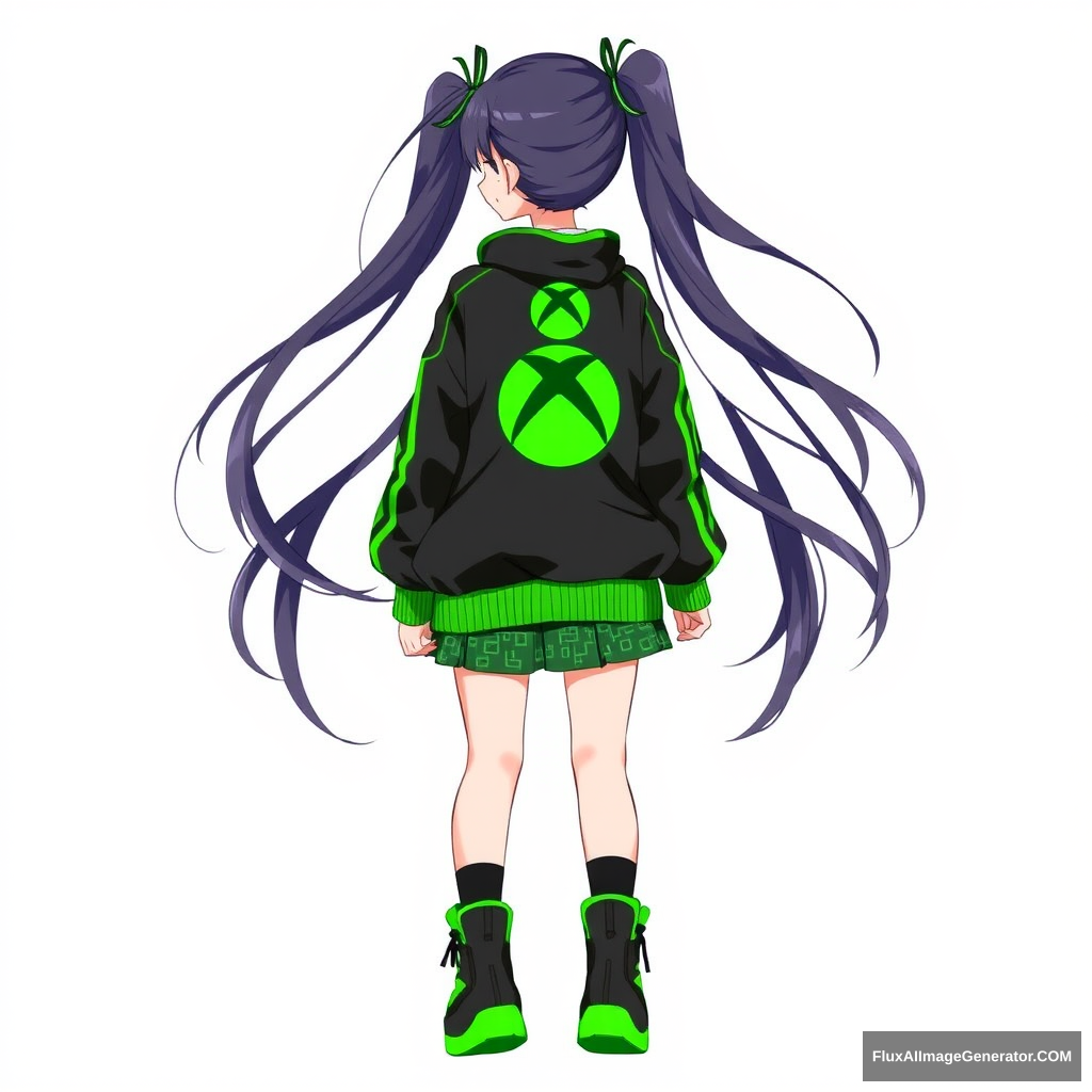 anime girl with long, flowing hair, styled in twin tails, wearing a stylish outfit inspired by Xbox. Her jacket is sleek, black, and green with the iconic Xbox logo on the back. The sleeves have neon-green stripes, and the jacket is slightly oversized, giving it a trendy, streetwear vibe. She wears a matching skirt with a digital pattern resembling an Xbox controller's buttons. Her shoes are high-top sneakers with a glowing green accent.