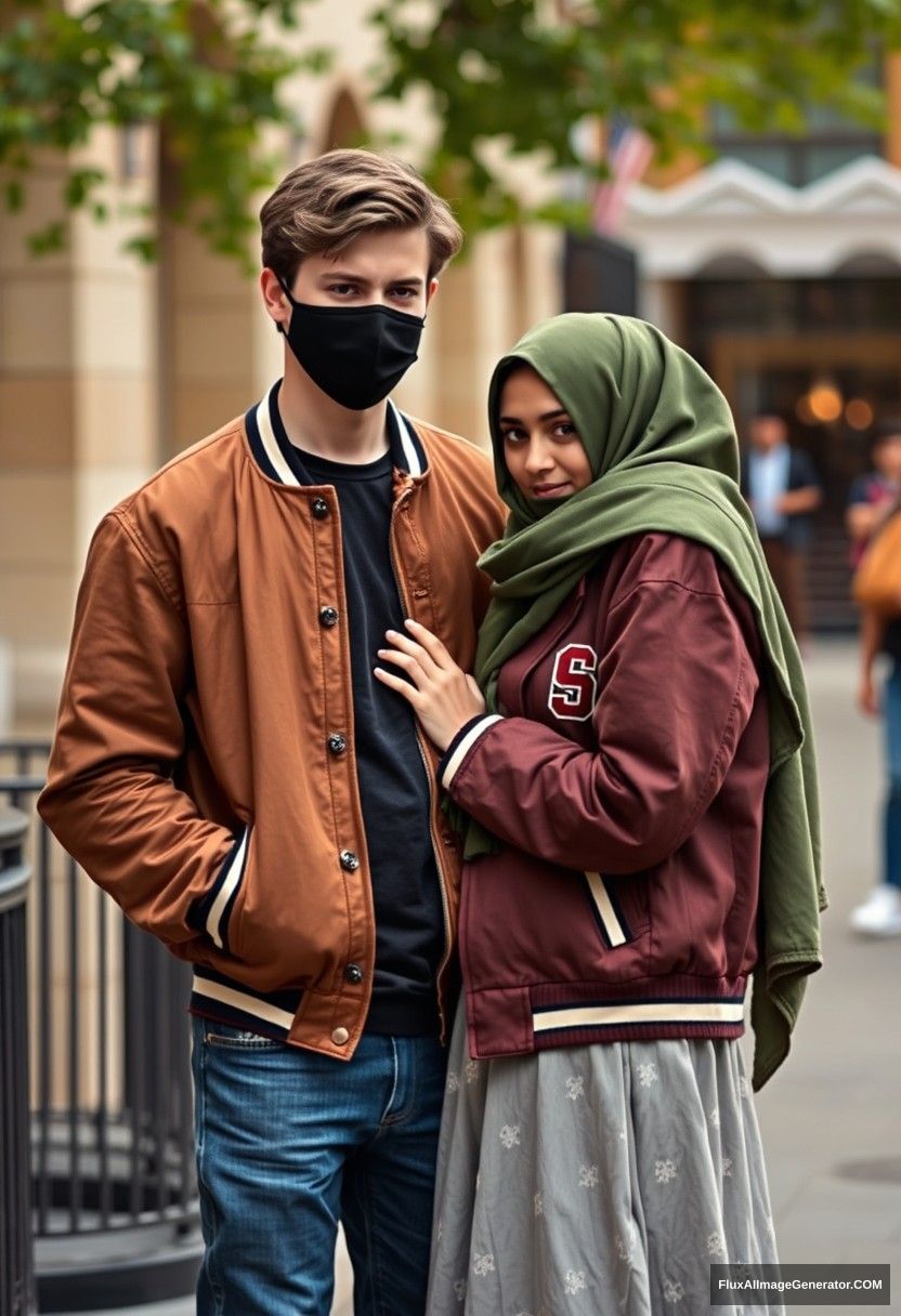 Jamie Dornan, young, black face mask, capital A collage jacket, jeans, red sneakers, dating in a romantic setting with a girl wearing a large army green hijab, beautiful eyes, black face mask, college jacket, the biggest and longest skirt, not a tall girl, photorealistic realistic, street photography, full photography. - Image