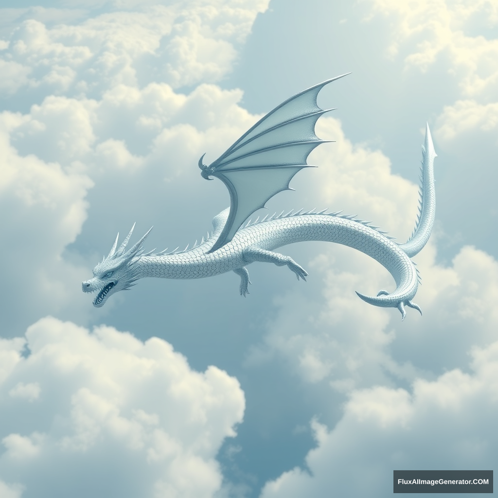 "Please draw an elongated, slender Asian blue dragon flying in the sky. It has a silver-white metallic appearance. It has no wings, and its whole body is surrounded by clouds. Please create it as a 3D image. Its entire body is covered with scales strong enough to withstand even a spear."