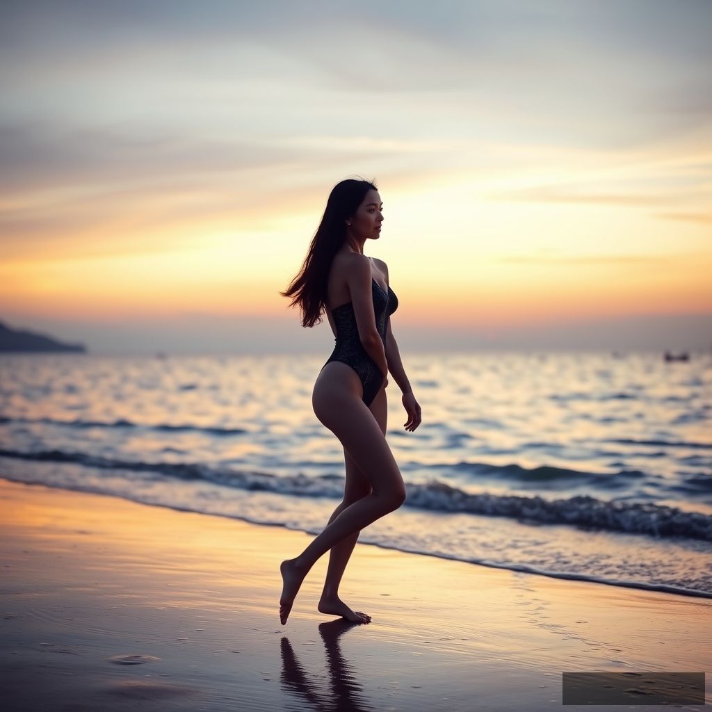 A woman in a swimsuit walking by the sea, beach, dusk, Chinese.