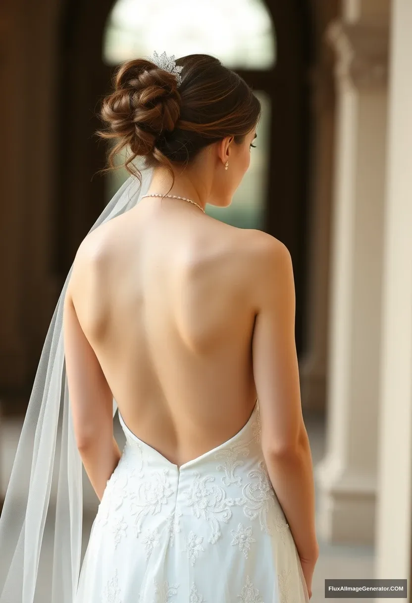 A young woman, sensitive, delicate, ashamed, backless strapless low-waisted wedding dress.