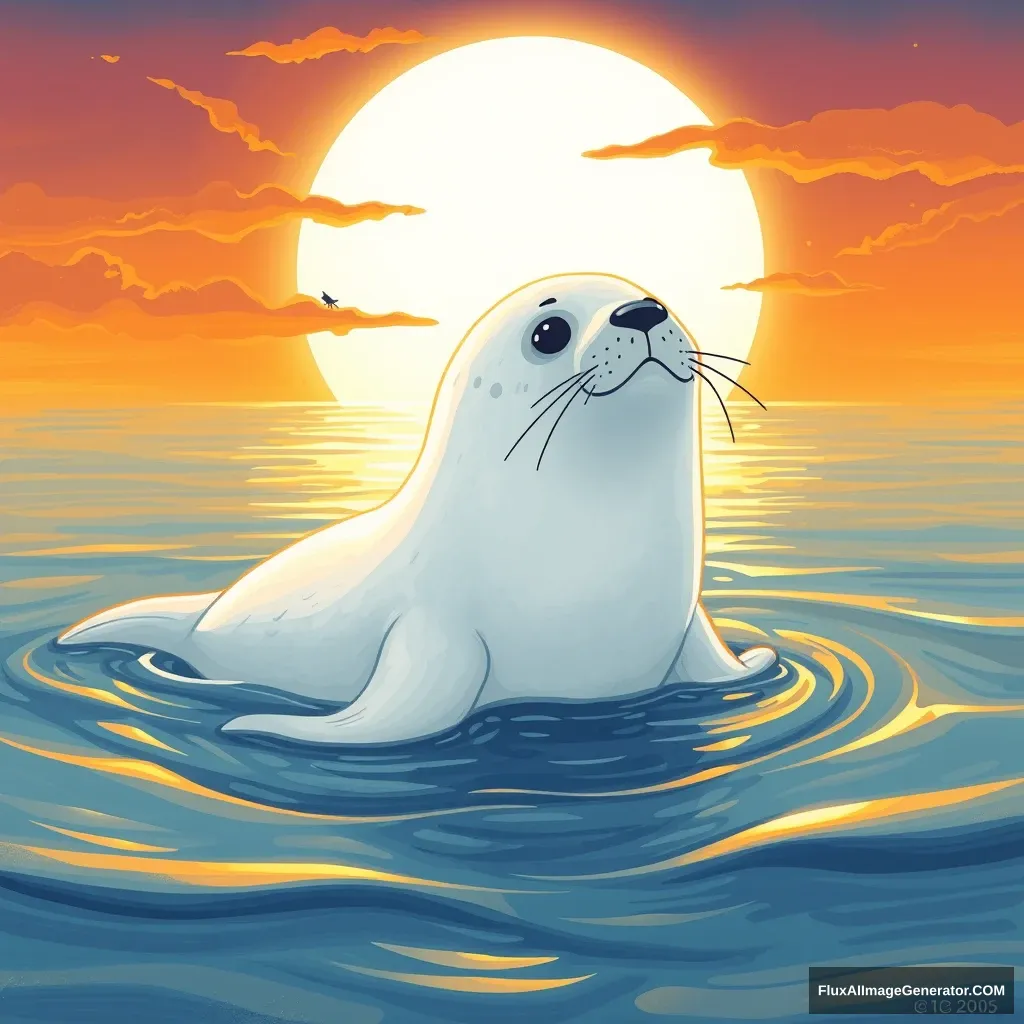 Once upon a time, in a sea beautifully painted by the sunset, there lived a shy white seal named Lumi. - Image