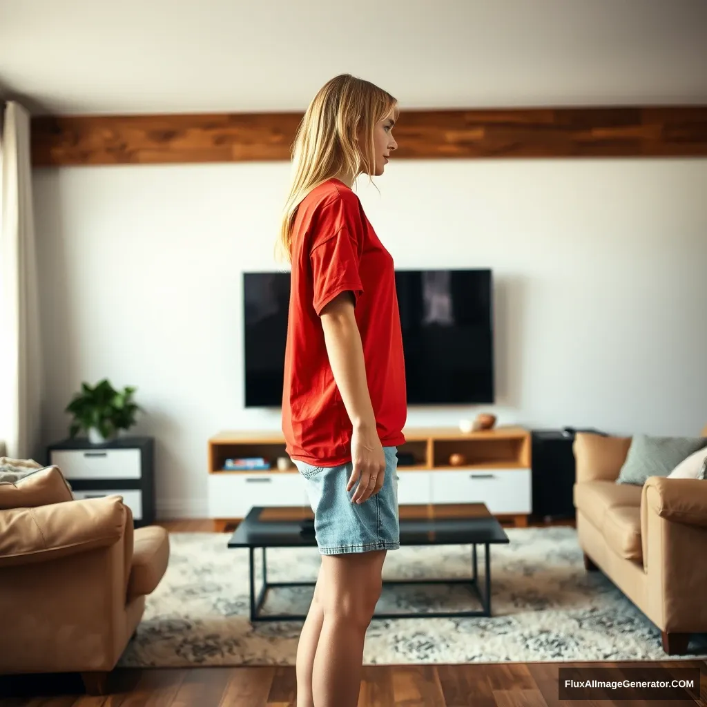 Side view of a young blonde skinny woman who is in her early twenties in her massive living room wearing a massively oversized red polo t-shirt that is a bit off balance on one of the shoulders. The bottom part of her t-shirt is tucked in on all sides, and she is also wearing small light blue denim shorts. She is barefoot, standing in front of the TV with both arms straight down. - Image