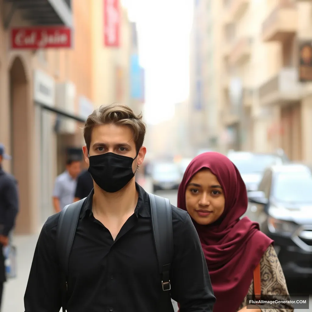 Jamie Dornan, wearing a black face mask, walking in town with the tallest girl in a maroon hijab, a slim girl.